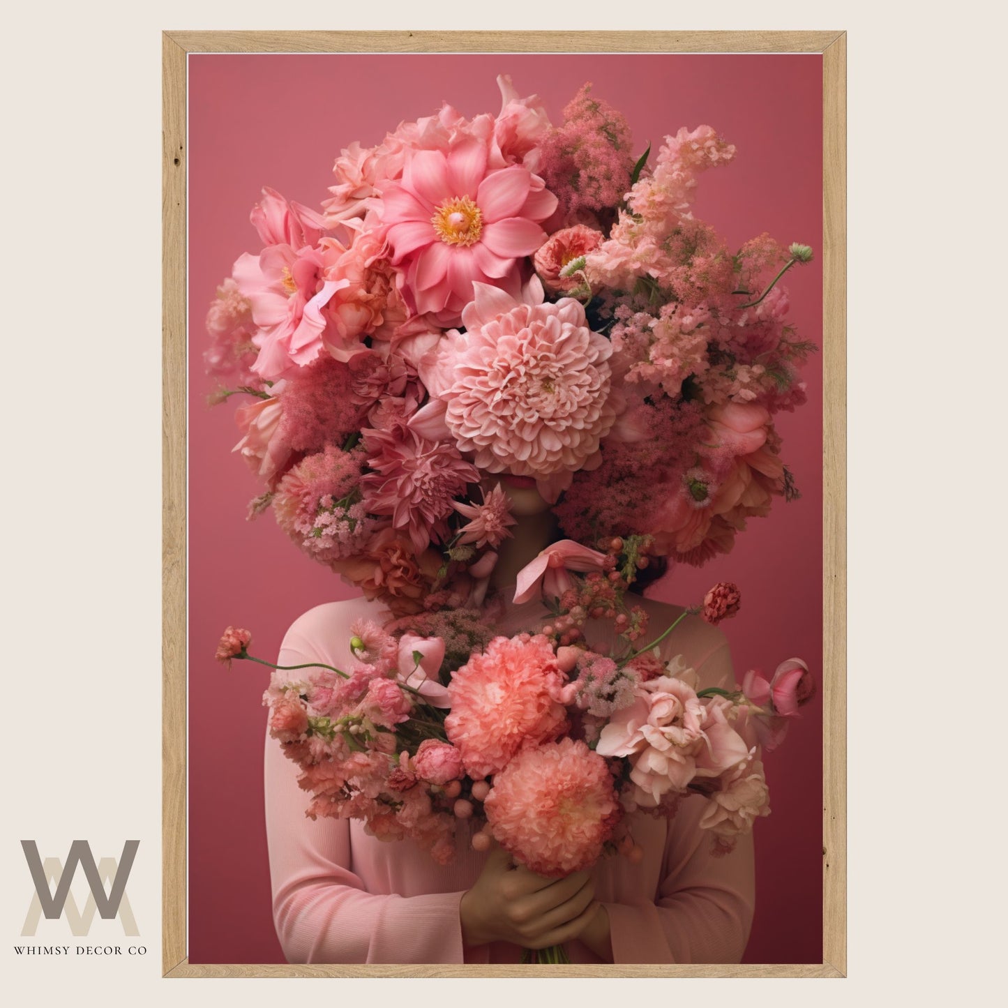 Woman Flower Bouquet Head, Woman Flowers as Head, Woman Flowers Print, Floral Head, Bouquet of Flowers Art, Feminine Digital Art, Pink Art