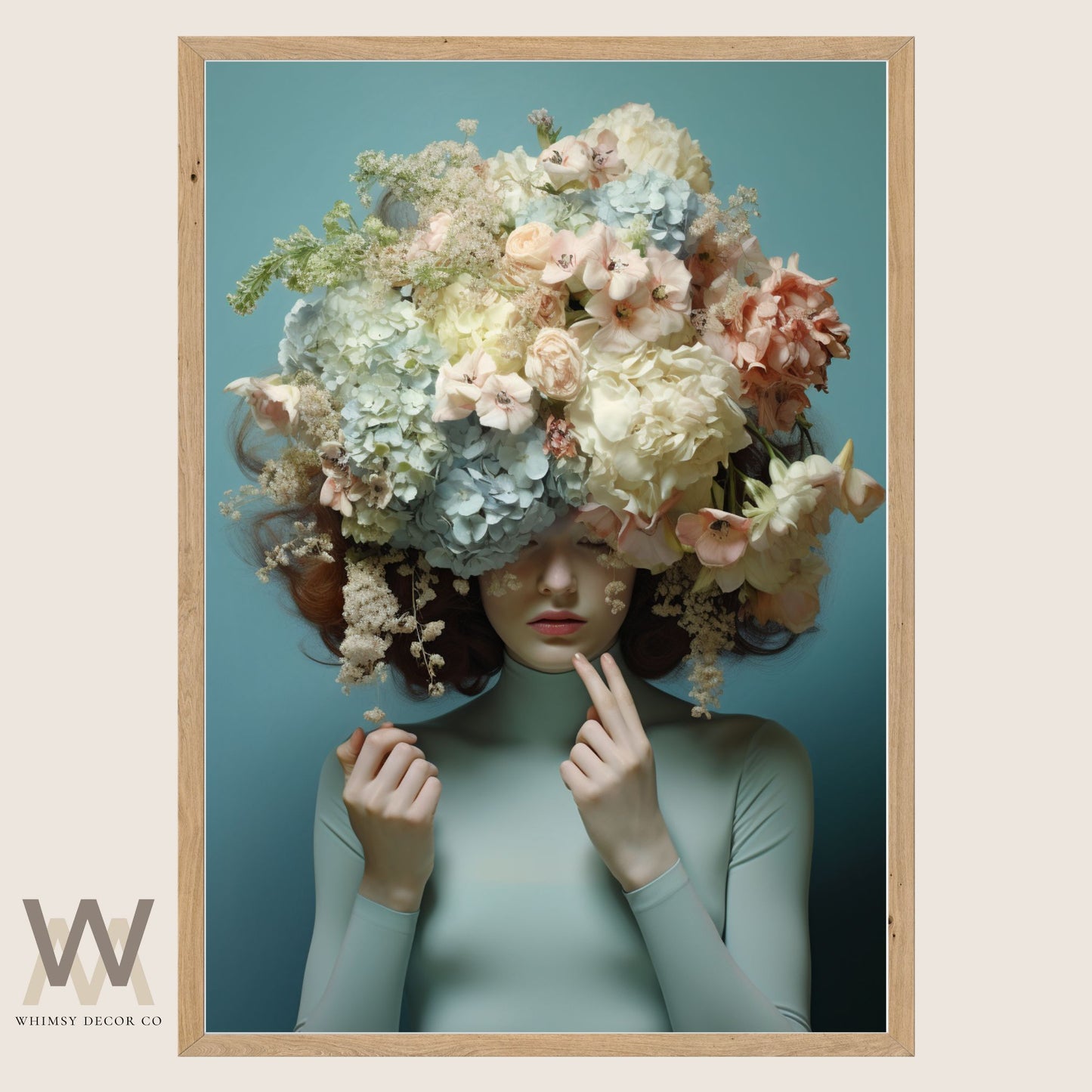 Woman Flower Bouquet Head, Woman Flowers as Head, Woman Flowers Print, Floral Head, Bouquet of Flowers Art, Feminine Digital Art, Turquoise