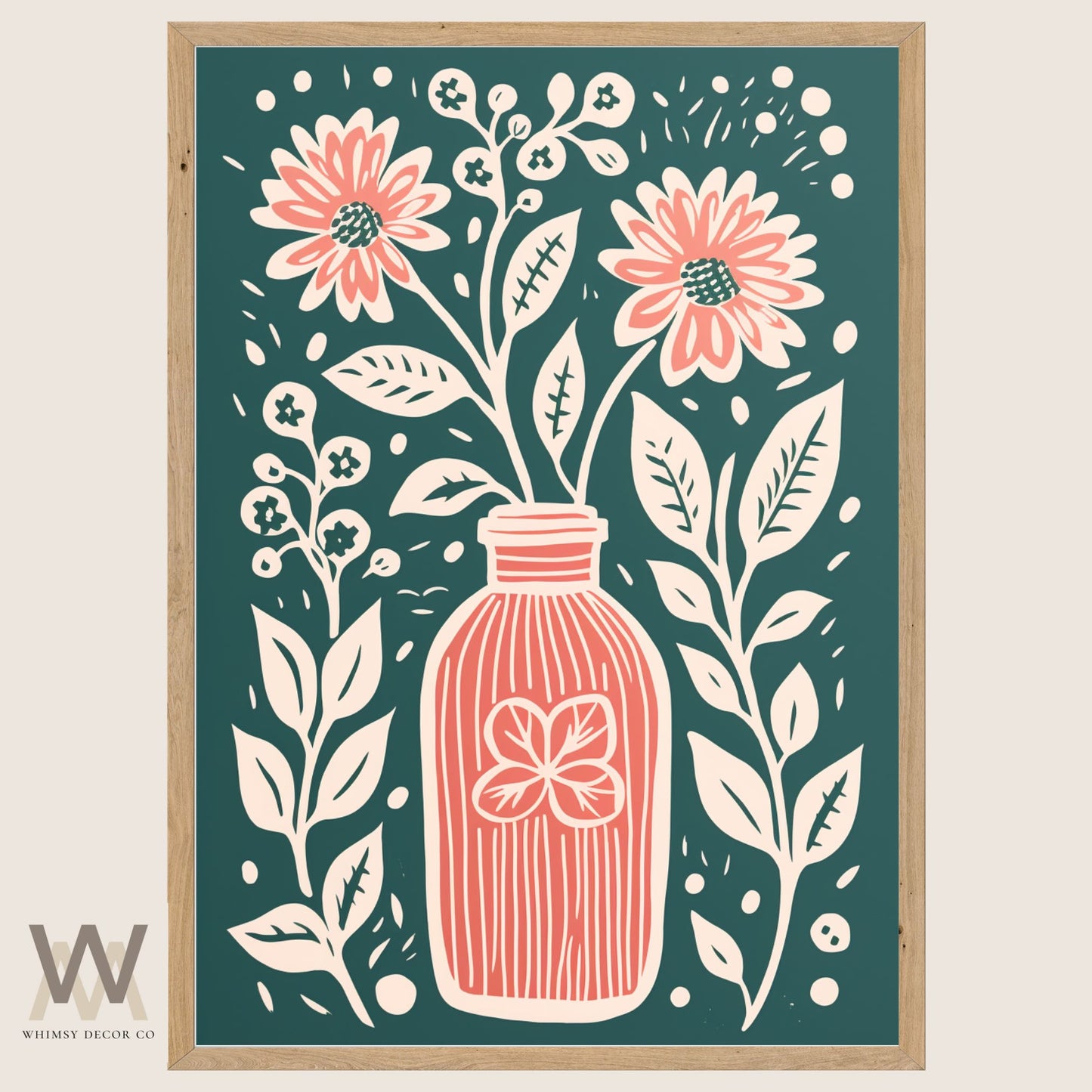 Botanical Linocut Print, Lino Print Art, Sage and Pink Wall Art, Botanical Printable Wall Art, Folk Art Print,Folk Art Flowers, Flower Print