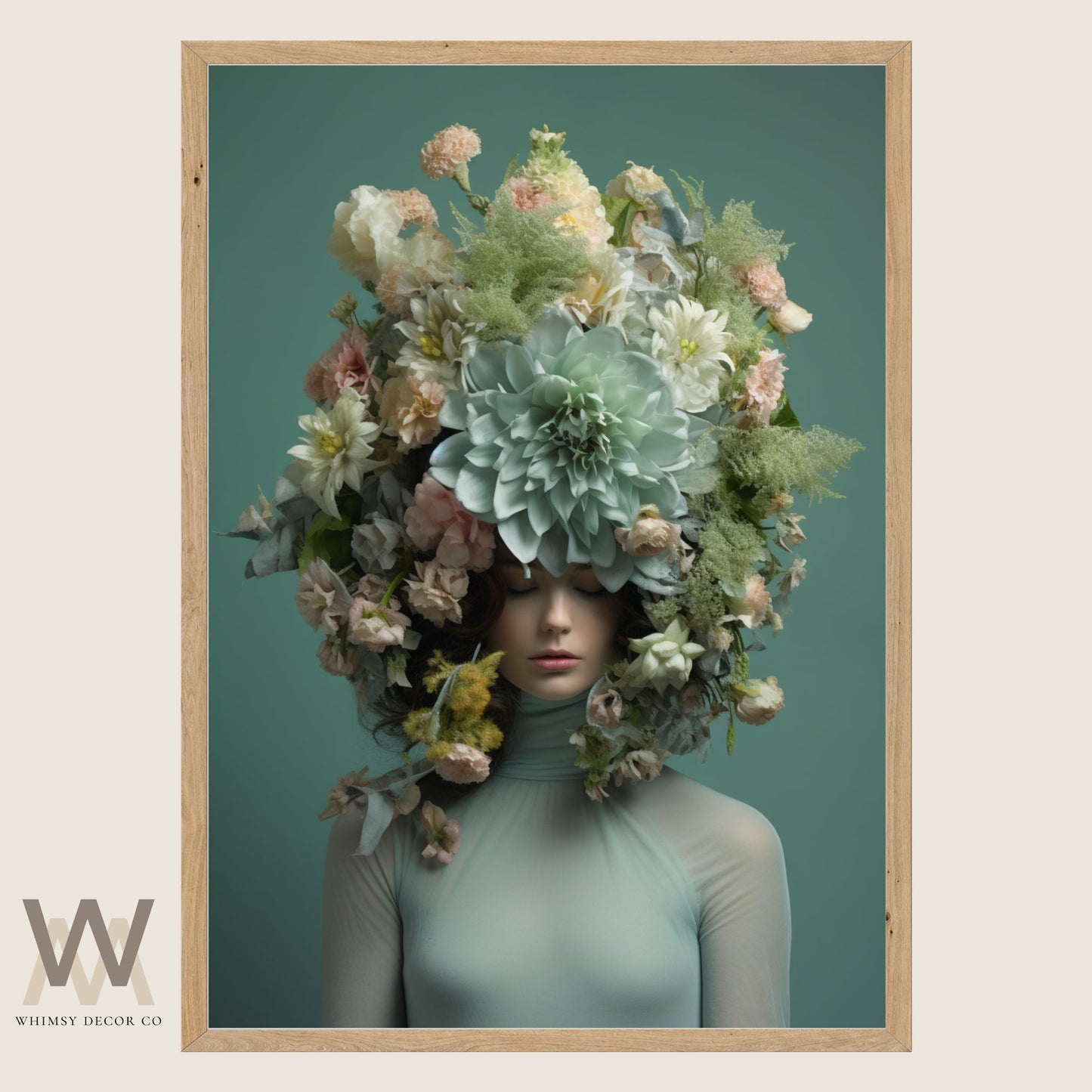 Woman Flower Bouquet Head, Woman Flowers as Head, Woman Flowers Print, Floral Head, Bouquet of Flowers Art, Feminine Digital Art, Turquoise