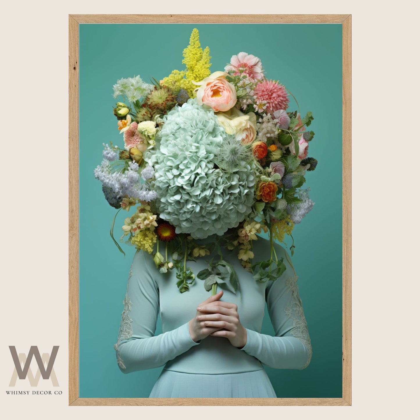 Woman Flower Bouquet Head, Woman Flowers as Head, Woman Flowers Print, Floral Head, Bouquet of Flowers Art, Feminine Digital Art, Turquoise