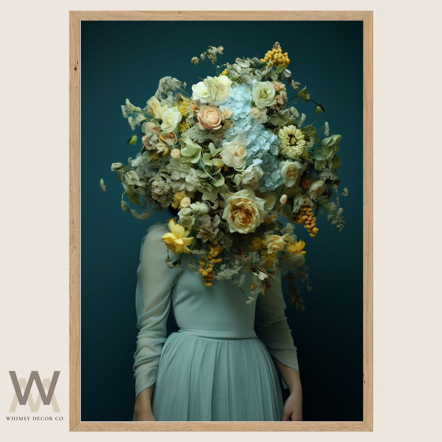 Woman Flower Bouquet Head, Woman Flowers as Head, Woman Flowers Print, Floral Head, Bouquet of Flowers Art, Feminine Digital Art, Turquoise