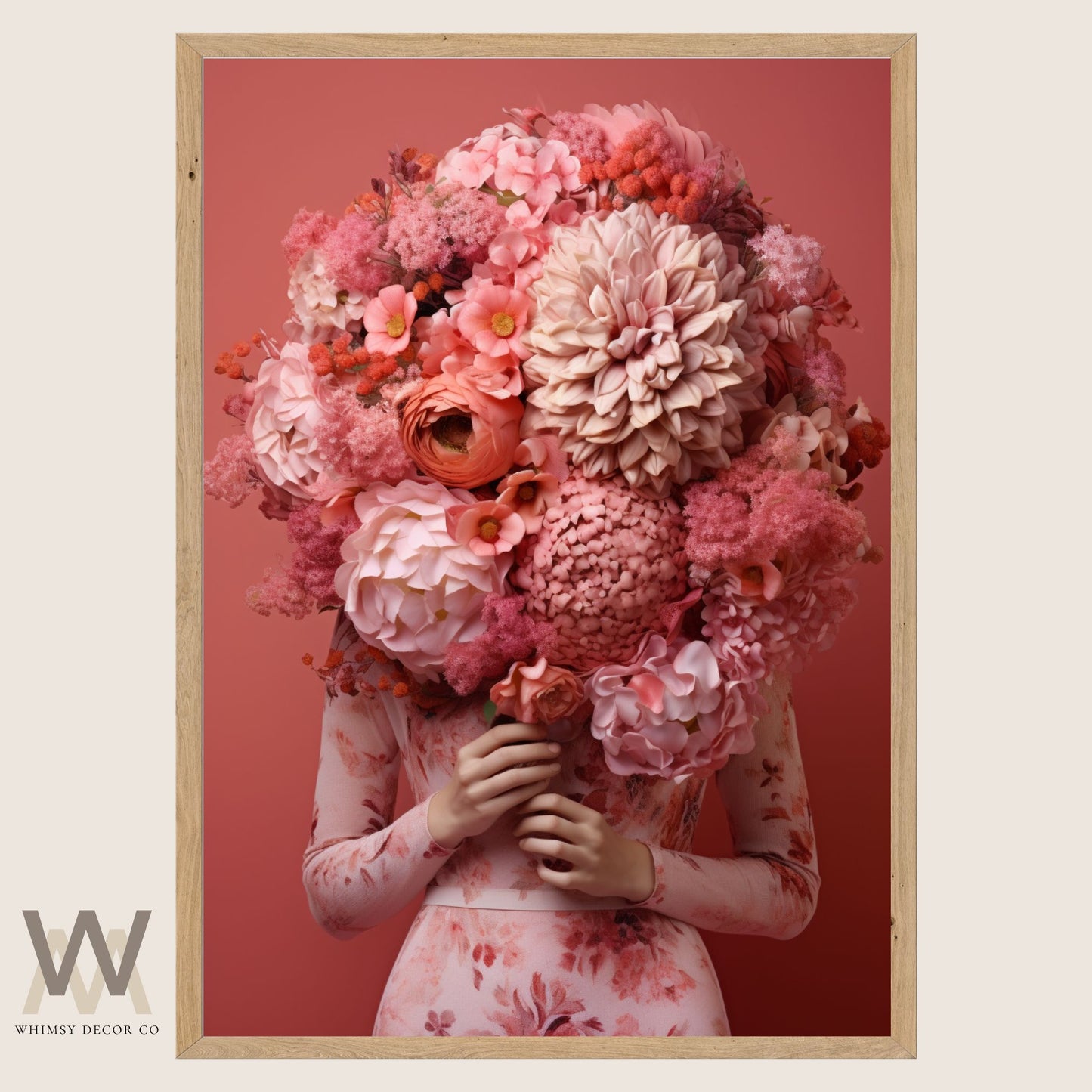Woman Flower Bouquet Head, Woman Flowers as Head, Woman Flowers Print, Floral Head, Bouquet of Flowers Art, Feminine Digital Art, Pink Art