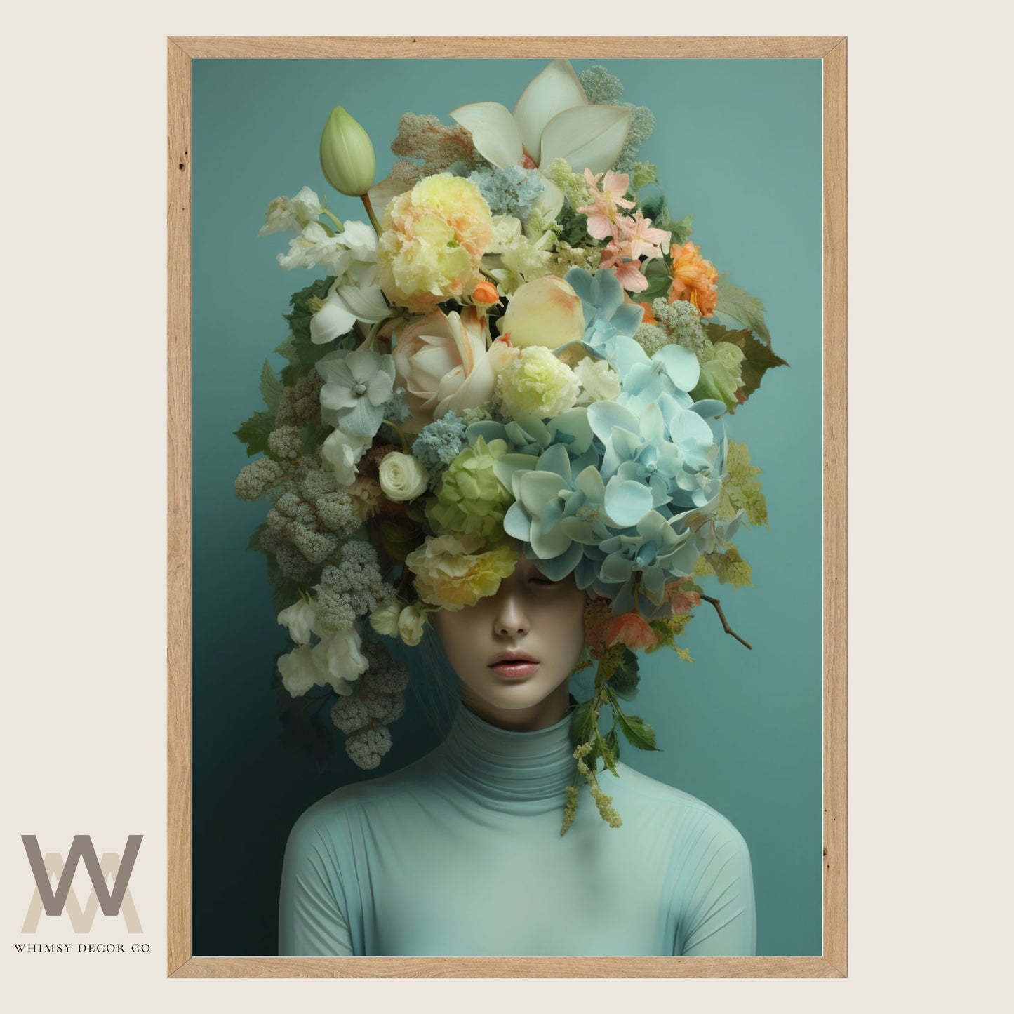 Woman Flower Bouquet Head, Woman Flowers as Head, Woman Flowers Print, Floral Head, Bouquet of Flowers Art, Feminine Digital Art, Turquoise