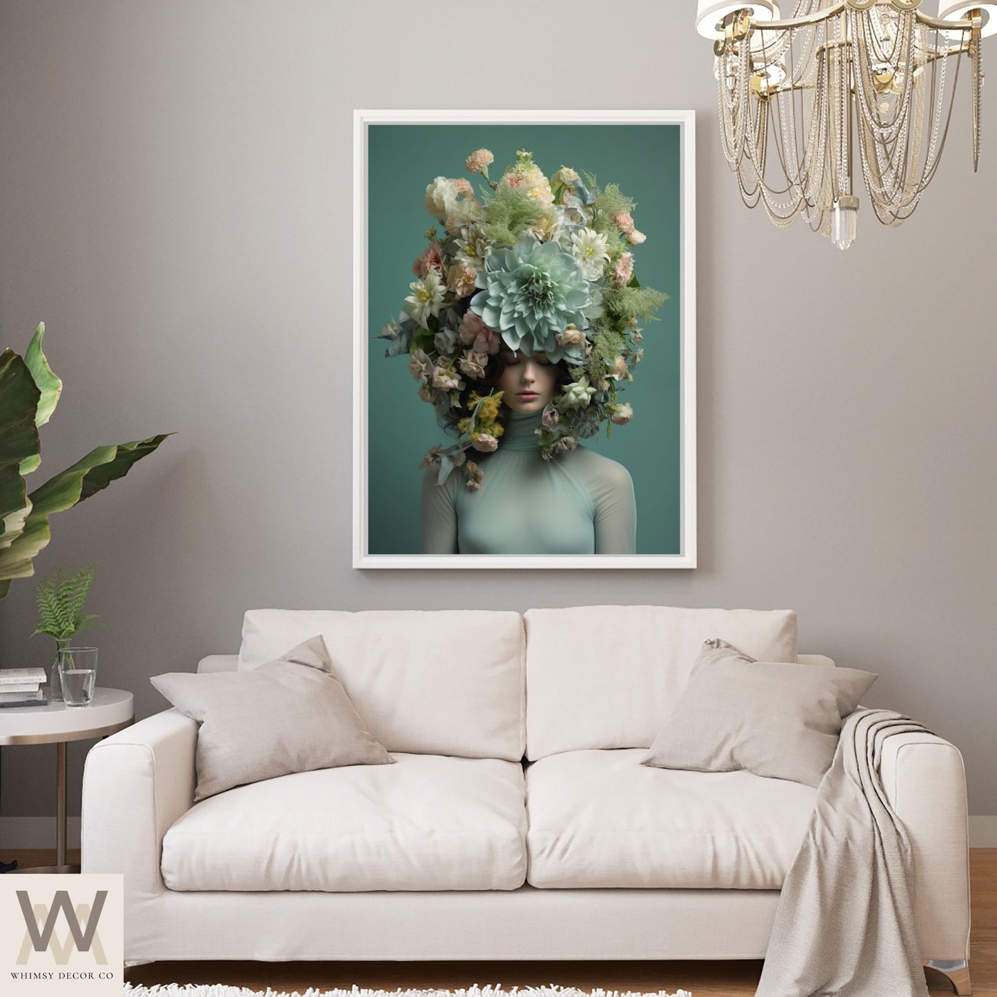 Woman Flower Bouquet Head, Woman Flowers as Head, Woman Flowers Print, Floral Head, Bouquet of Flowers Art, Feminine Digital Art, Turquoise