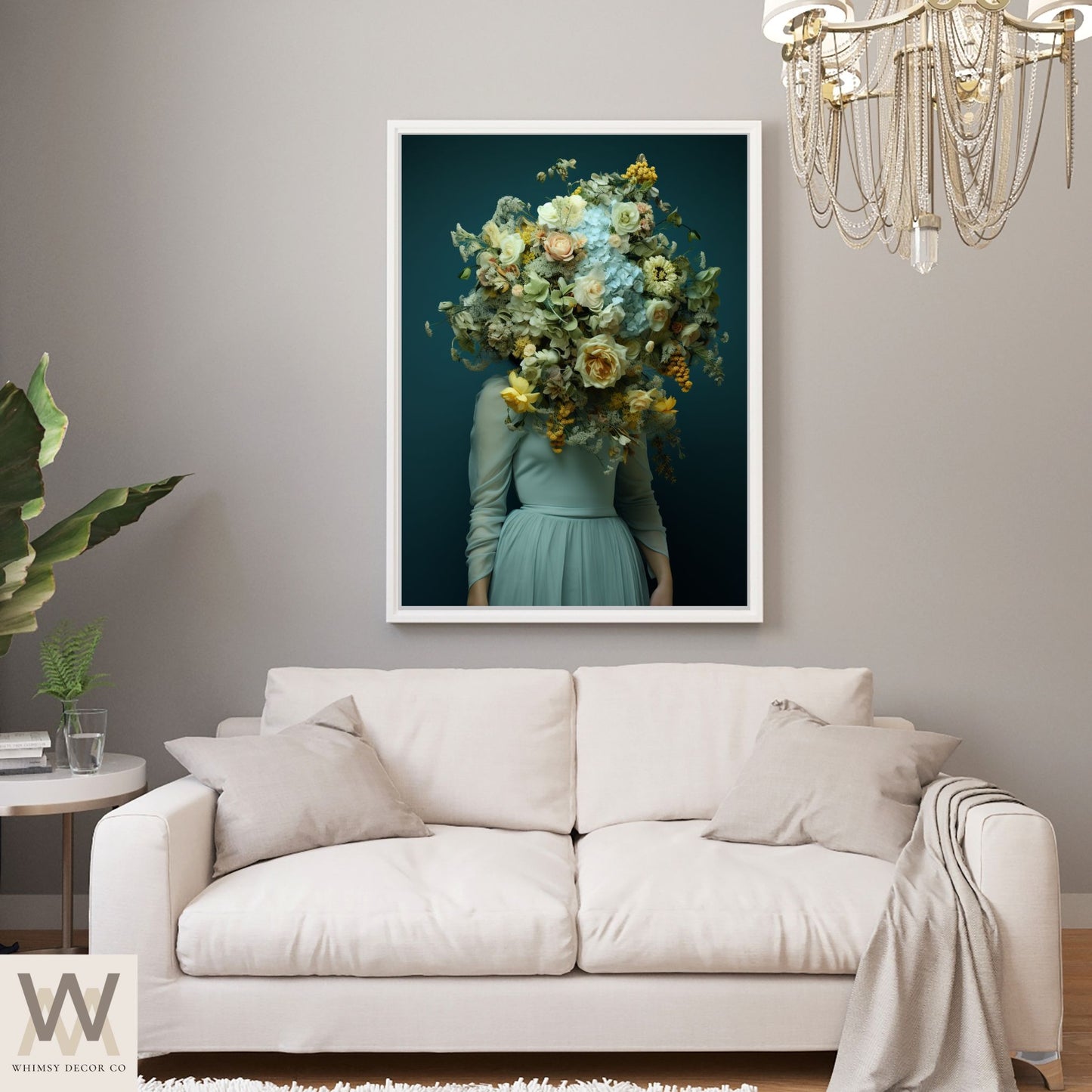 Woman Flower Bouquet Head, Woman Flowers as Head, Woman Flowers Print, Floral Head, Bouquet of Flowers Art, Feminine Digital Art, Turquoise