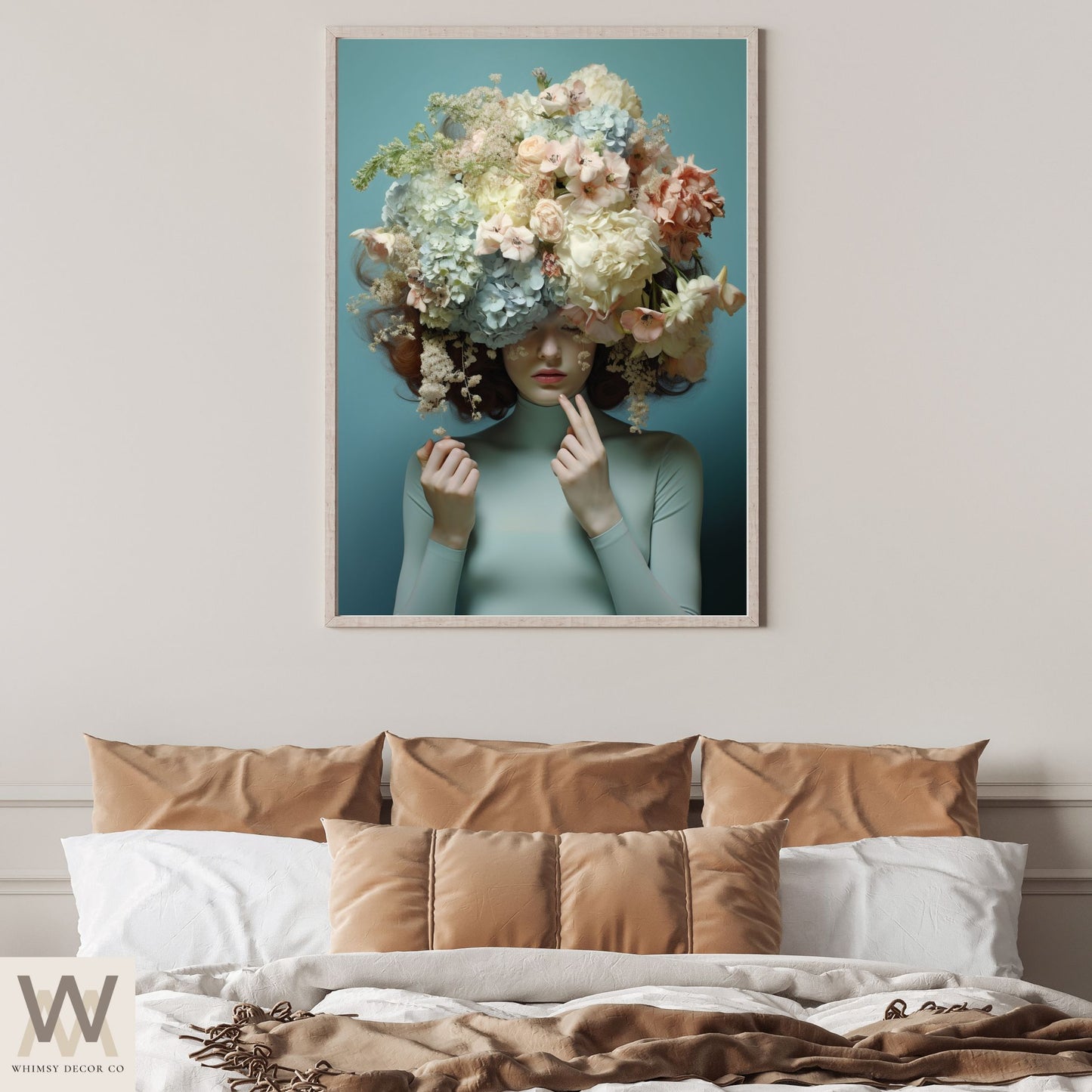 Woman Flower Bouquet Head, Woman Flowers as Head, Woman Flowers Print, Floral Head, Bouquet of Flowers Art, Feminine Digital Art, Turquoise