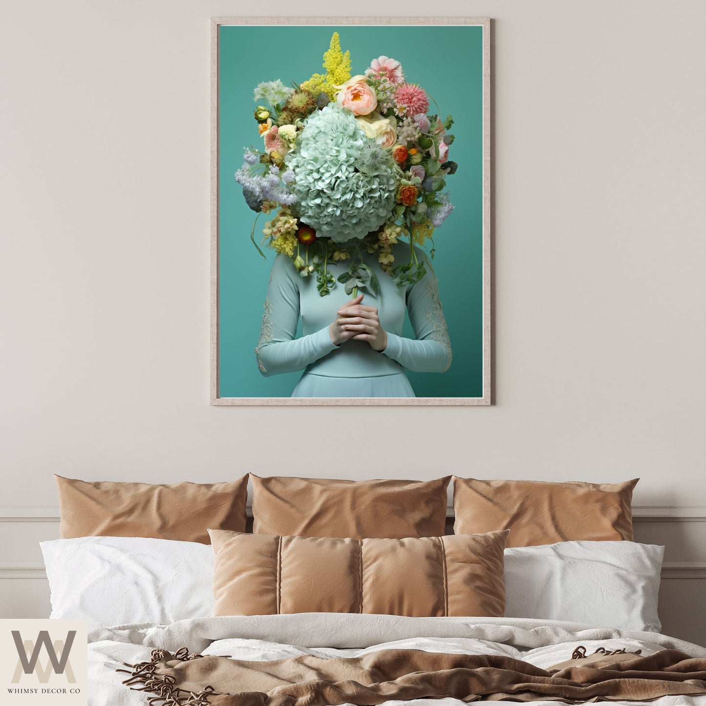 Woman Flower Bouquet Head, Woman Flowers as Head, Woman Flowers Print, Floral Head, Bouquet of Flowers Art, Feminine Digital Art, Turquoise