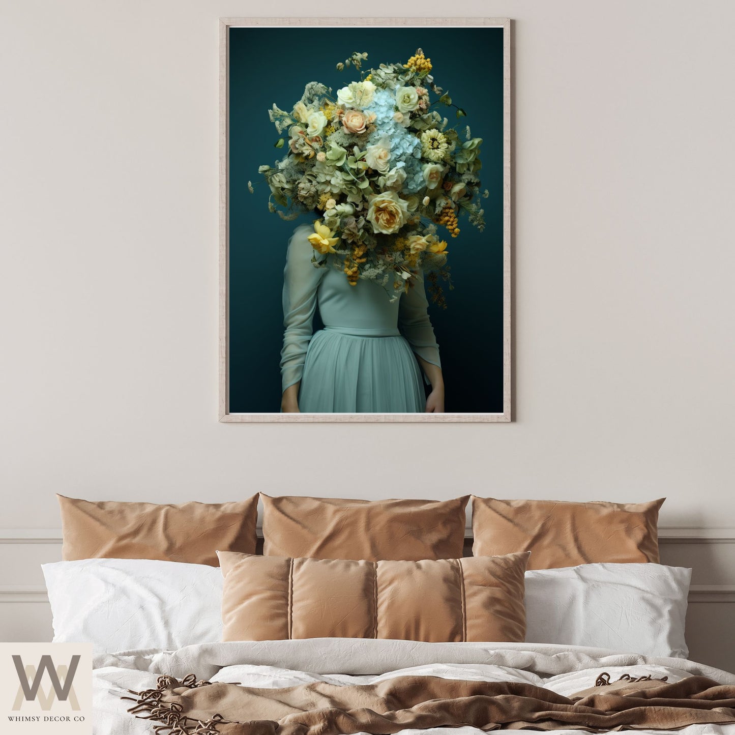 Woman Flower Bouquet Head, Woman Flowers as Head, Woman Flowers Print, Floral Head, Bouquet of Flowers Art, Feminine Digital Art, Turquoise