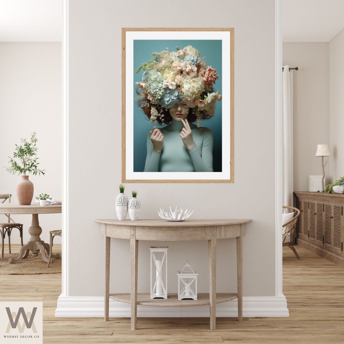 Woman Flower Bouquet Head, Woman Flowers as Head, Woman Flowers Print, Floral Head, Bouquet of Flowers Art, Feminine Digital Art, Turquoise