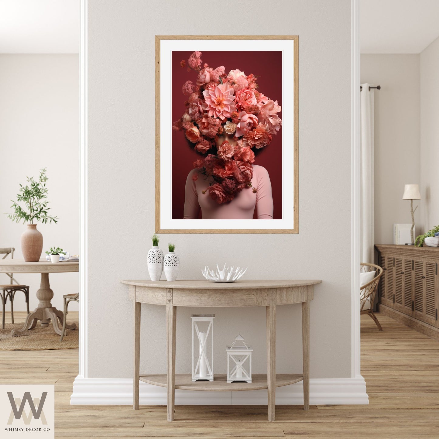Woman Flower Bouquet Head, Woman Flowers as Head, Woman Flowers Print, Floral Head, Bouquet of Flowers Art, Feminine Digital Art, Pink Art