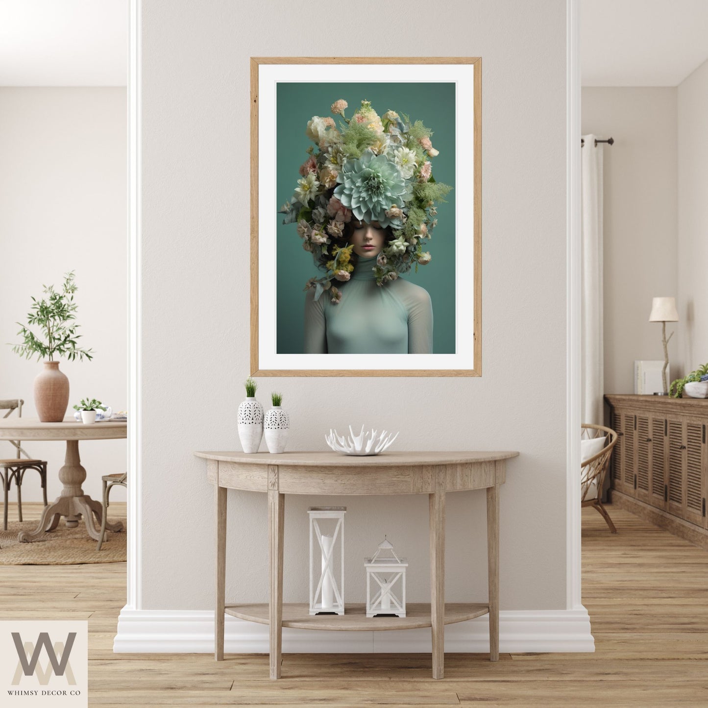Woman Flower Bouquet Head, Woman Flowers as Head, Woman Flowers Print, Floral Head, Bouquet of Flowers Art, Feminine Digital Art, Turquoise