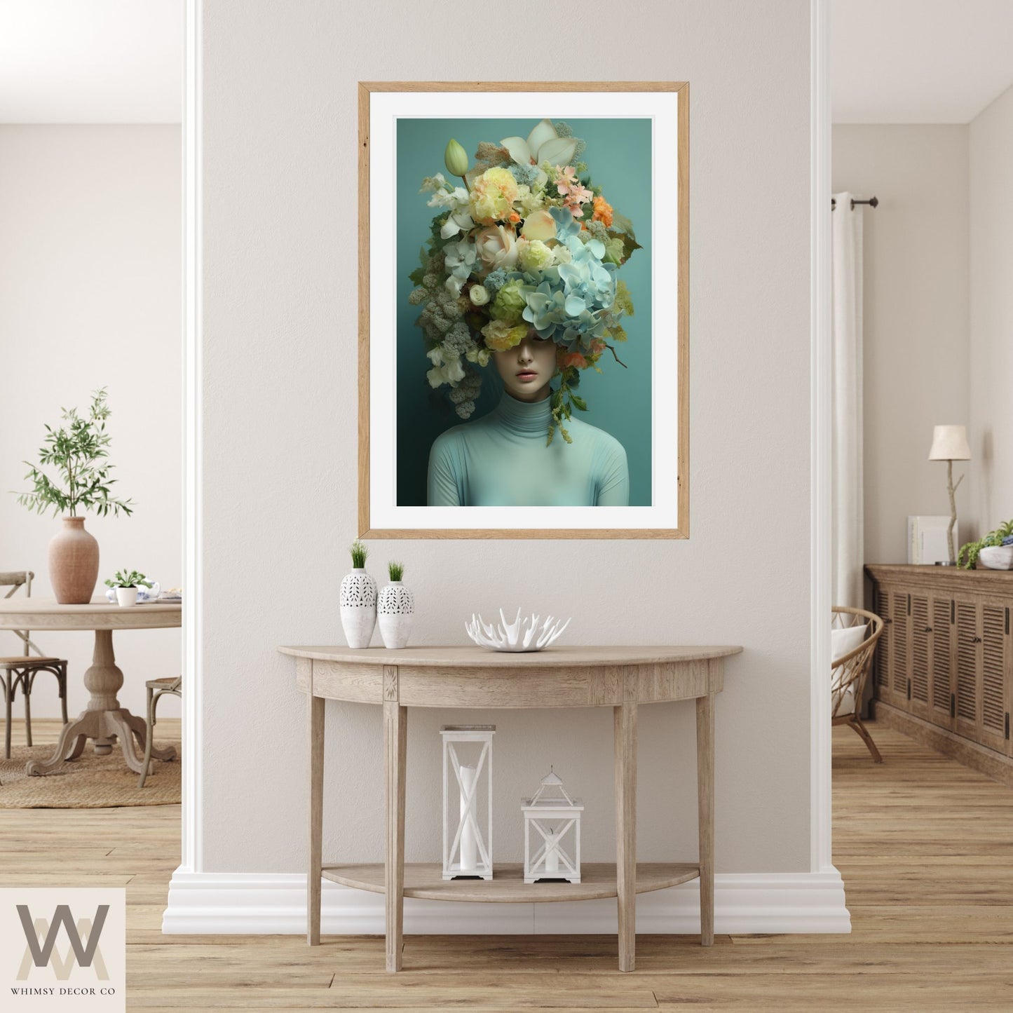 Woman Flower Bouquet Head, Woman Flowers as Head, Woman Flowers Print, Floral Head, Bouquet of Flowers Art, Feminine Digital Art, Turquoise