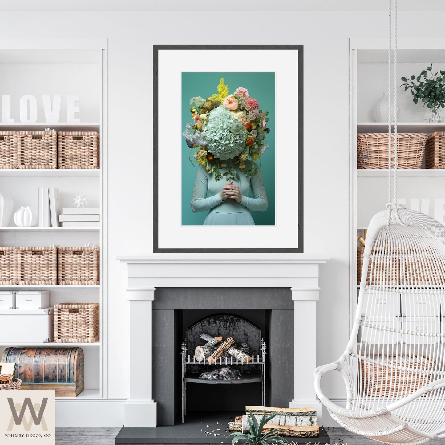 Woman Flower Bouquet Head, Woman Flowers as Head, Woman Flowers Print, Floral Head, Bouquet of Flowers Art, Feminine Digital Art, Turquoise