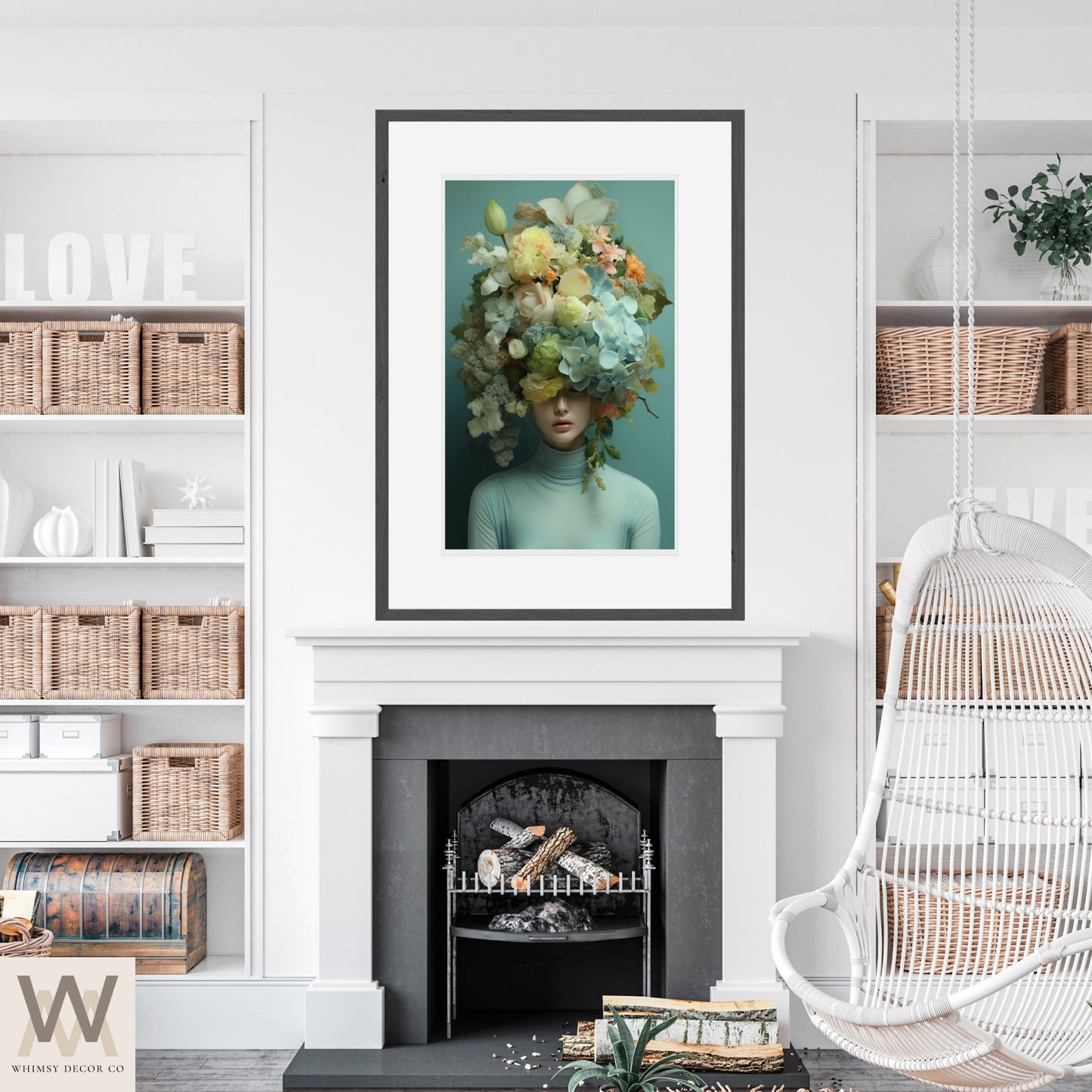 Woman Flower Bouquet Head, Woman Flowers as Head, Woman Flowers Print, Floral Head, Bouquet of Flowers Art, Feminine Digital Art, Turquoise