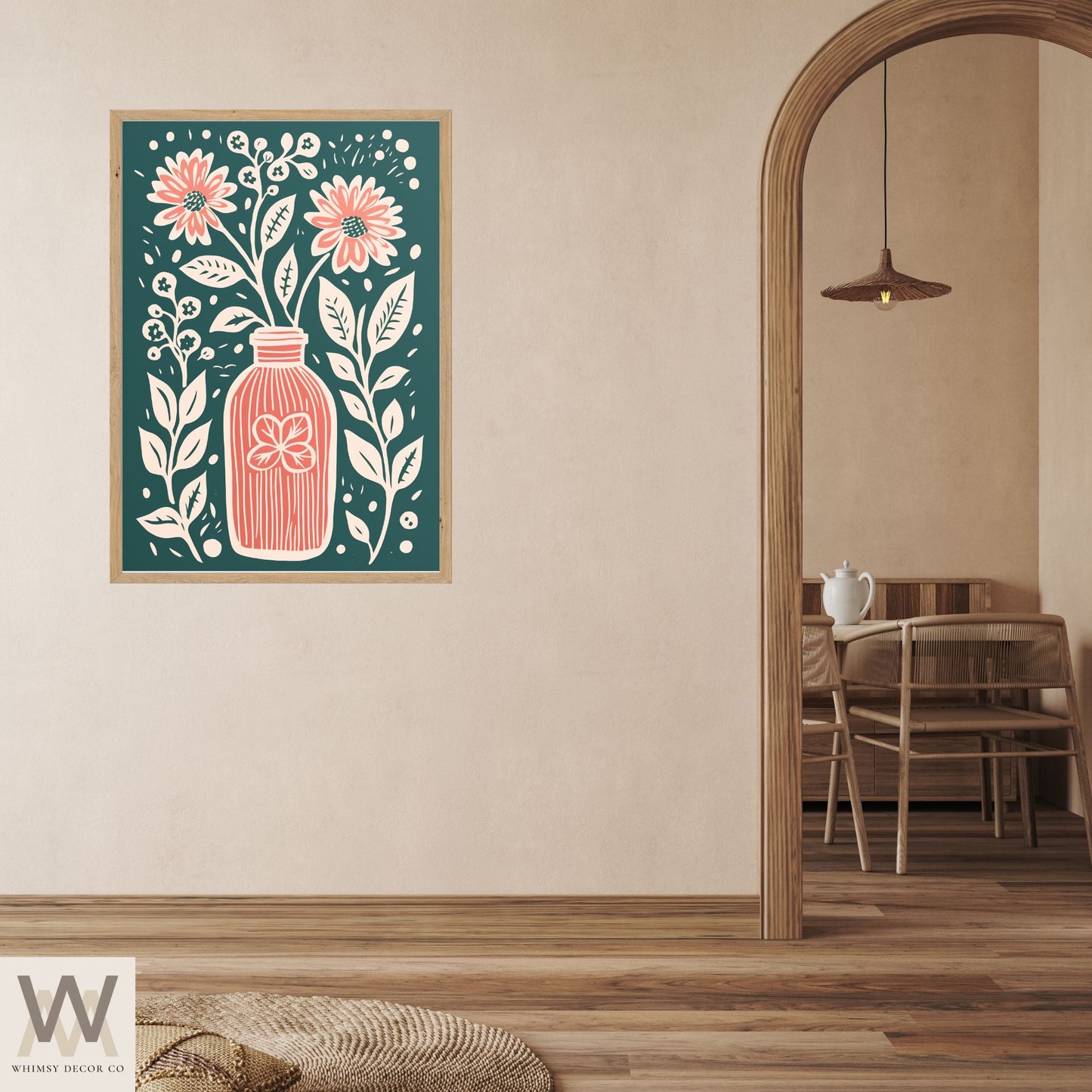 Botanical Linocut Print, Lino Print Art, Sage and Pink Wall Art, Botanical Printable Wall Art, Folk Art Print,Folk Art Flowers, Flower Print
