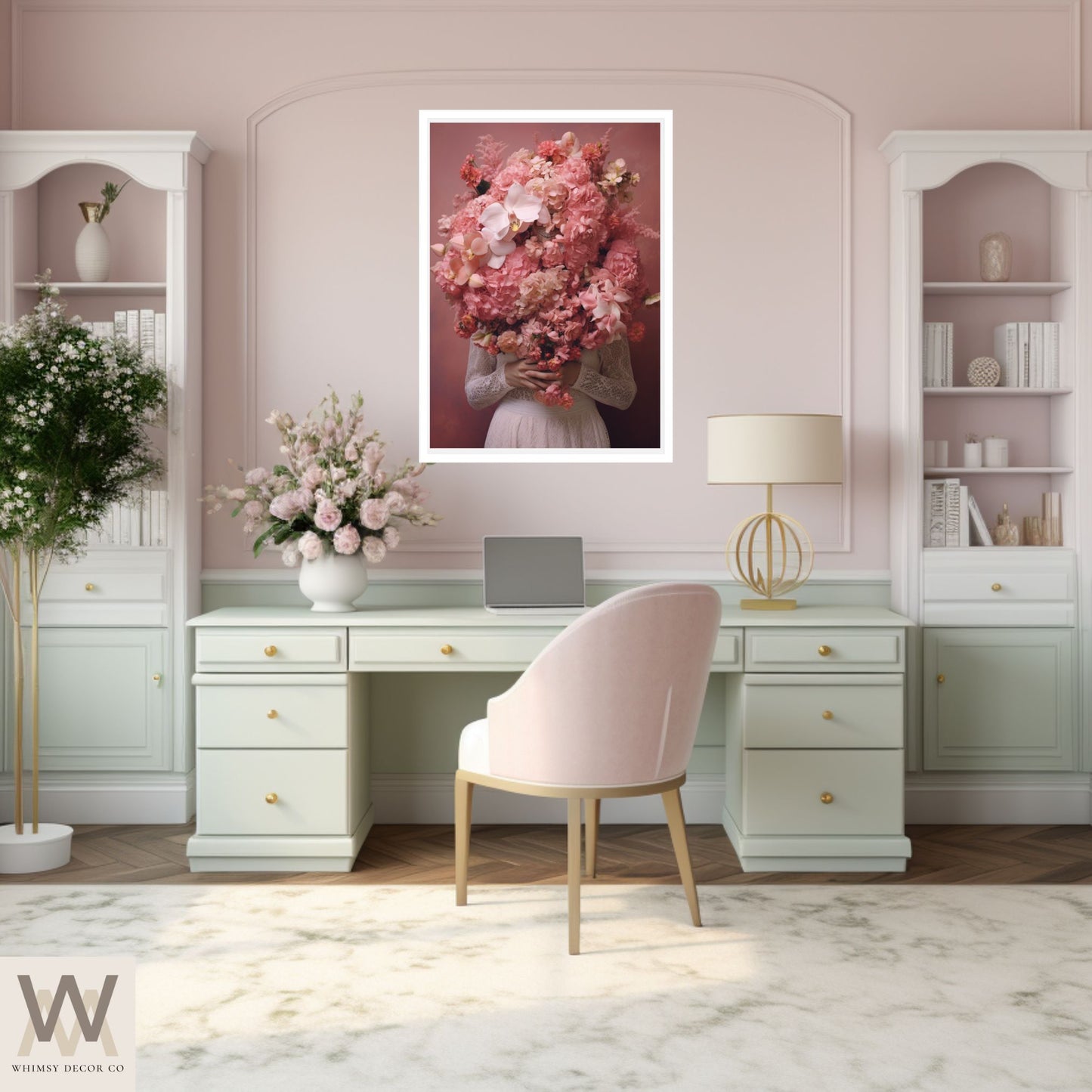Woman Flower Bouquet Head, Woman Flowers as Head, Woman Flowers Print, Floral Head, Bouquet of Flowers Art, Feminine Digital Art, Pink Art