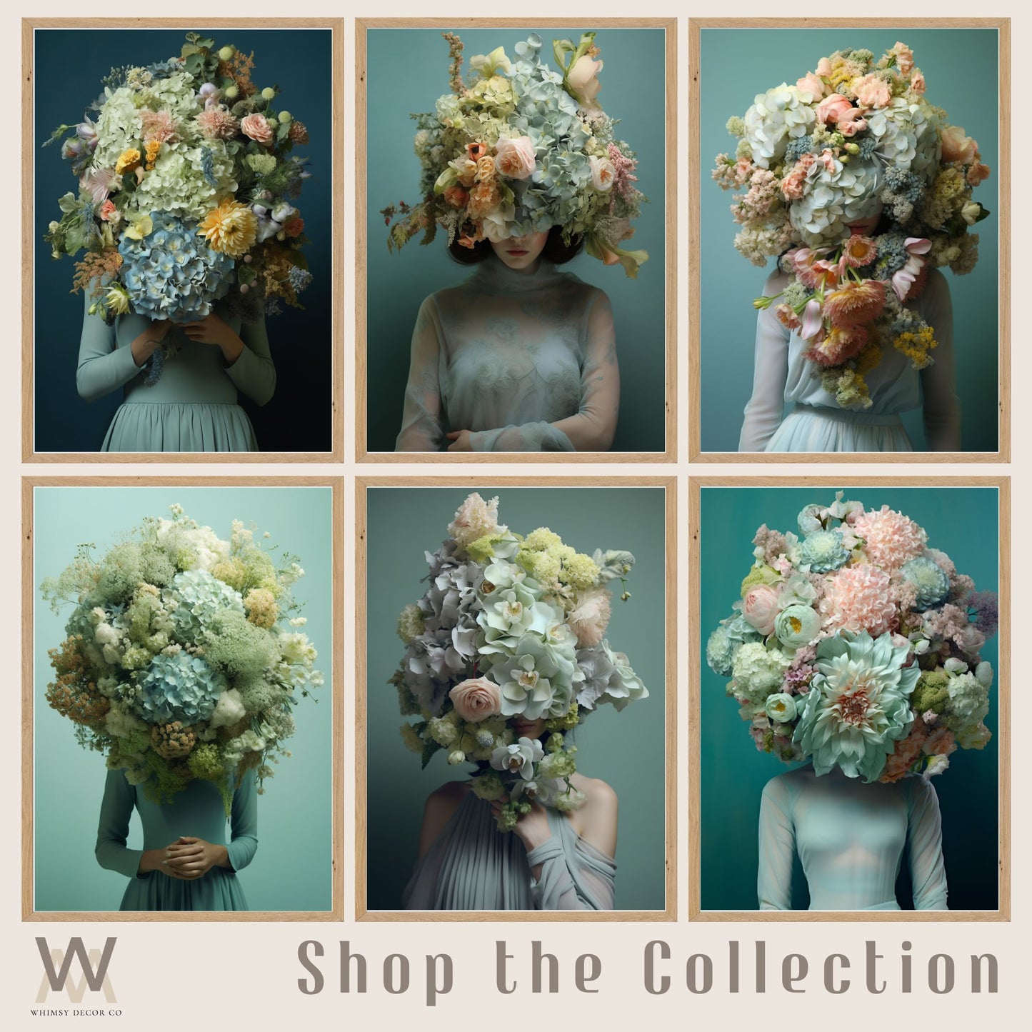 Woman Flower Bouquet Head, Woman Flowers as Head, Woman Flowers Print, Floral Head, Bouquet of Flowers Art, Feminine Digital Art, Turquoise