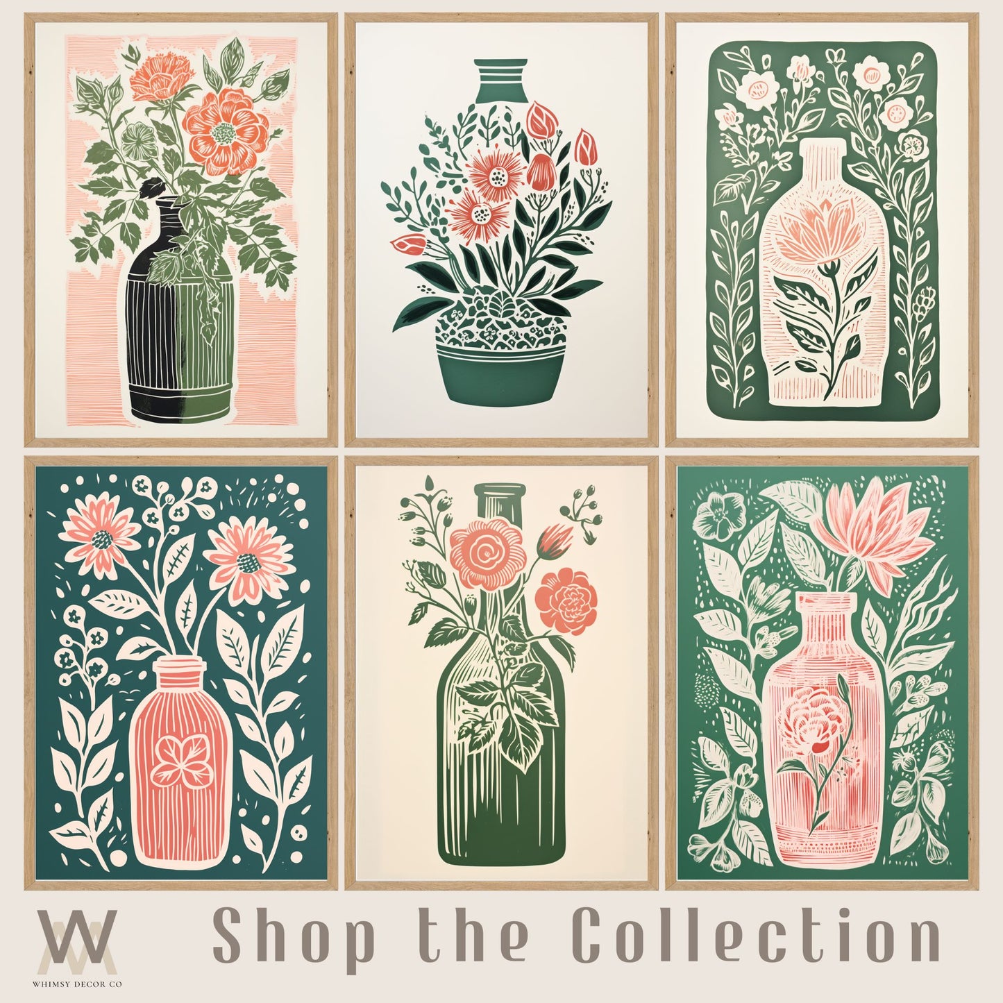 Botanical Linocut Print, Lino Print Art, Sage and Pink Wall Art, Botanical Printable Wall Art, Folk Art Print,Folk Art Flowers, Flower Print