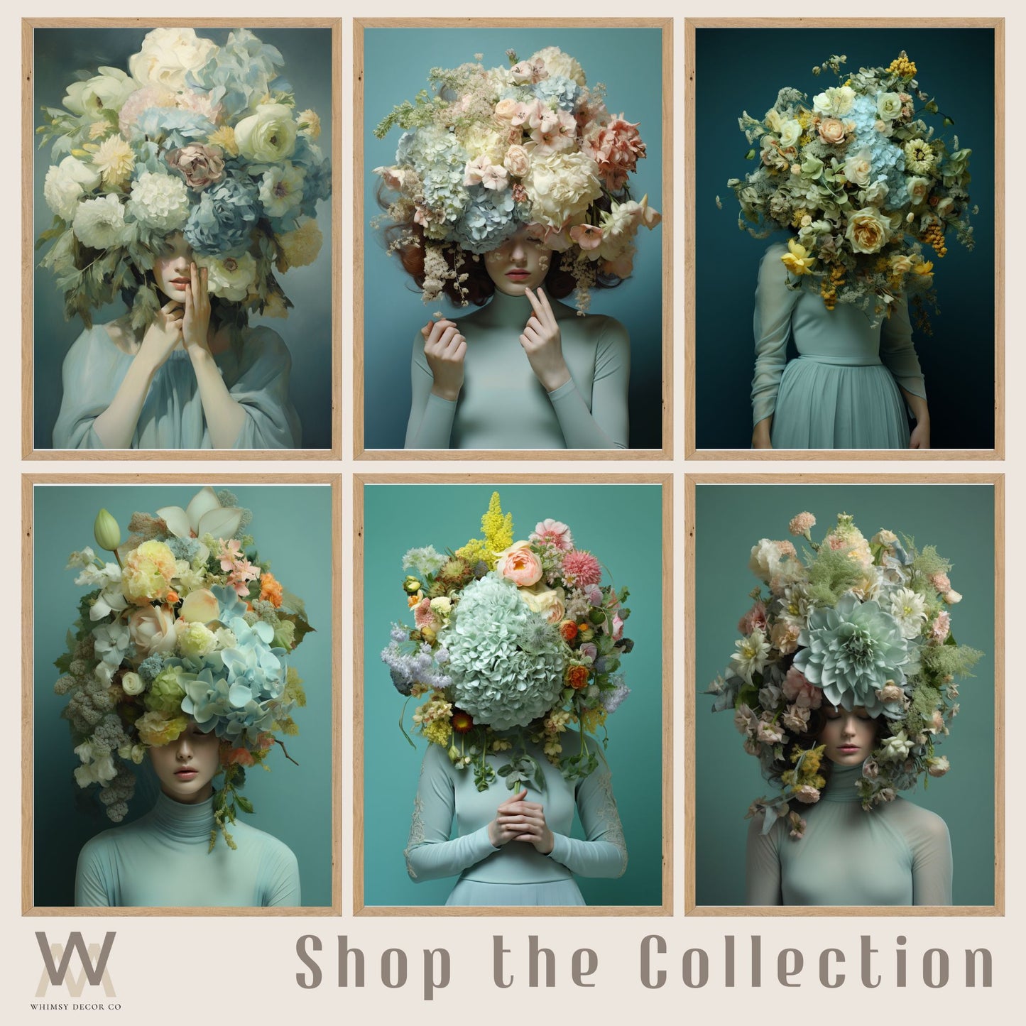 Woman Flower Bouquet Head, Woman Flowers as Head, Woman Flowers Print, Floral Head, Bouquet of Flowers Art, Feminine Digital Art, Turquoise