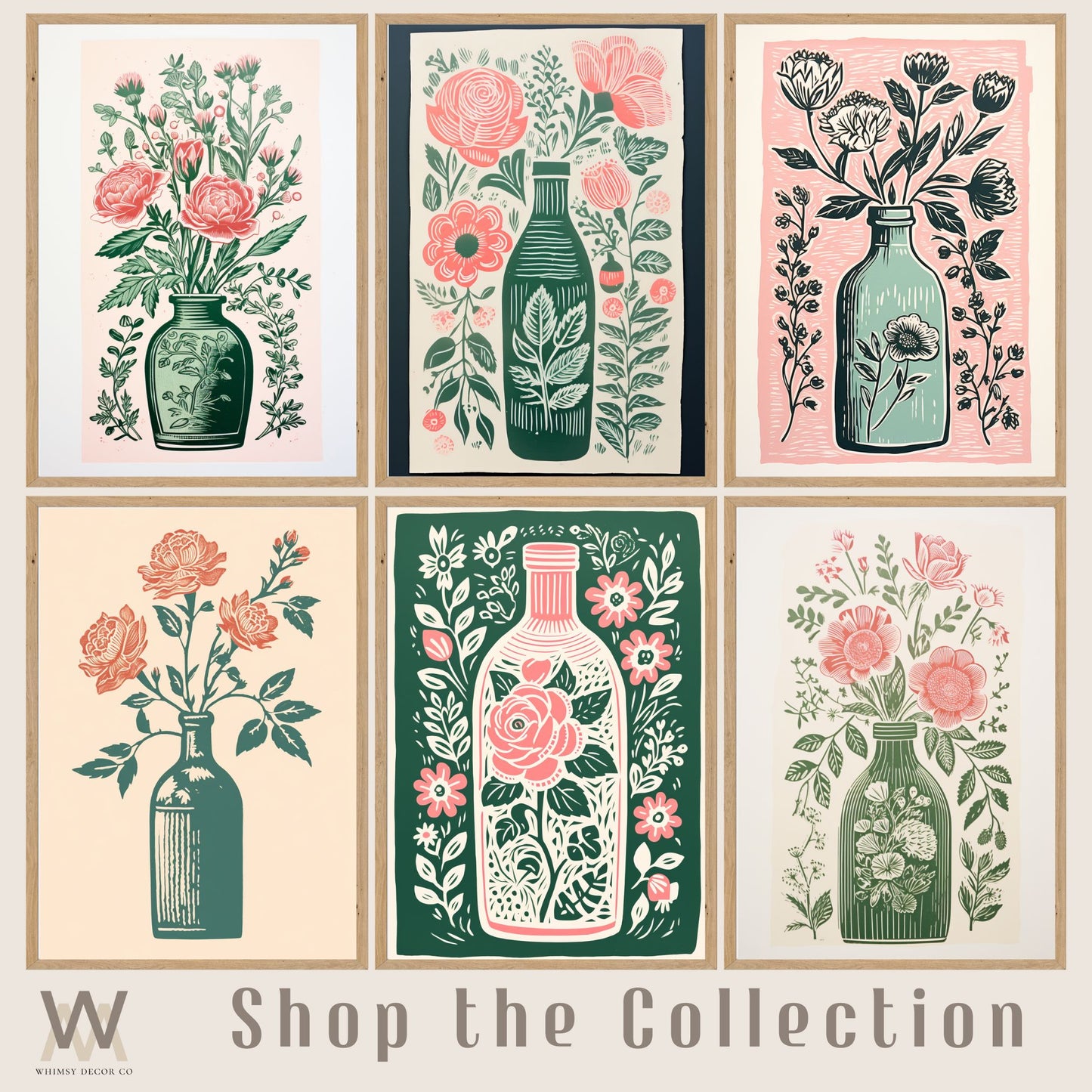 Botanical Linocut Print, Lino Print Art, Sage and Pink Wall Art, Botanical Printable Wall Art, Folk Art Print,Folk Art Flowers, Flower Print