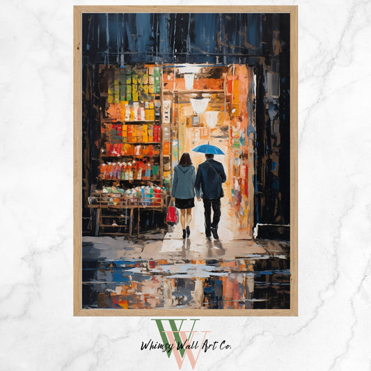 Japanese City Wall Art, Colourful Urban Cityscape, Cityscape Painting, Couple Wall Art, Cityscape Impasto, Impasto Wall Art, Rainy City