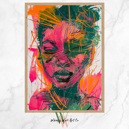 Modern abstract fashion prints, Neon abstract fashion prints, Vibrant modern female art, Abstract female wall art, Orange Pink Green Art